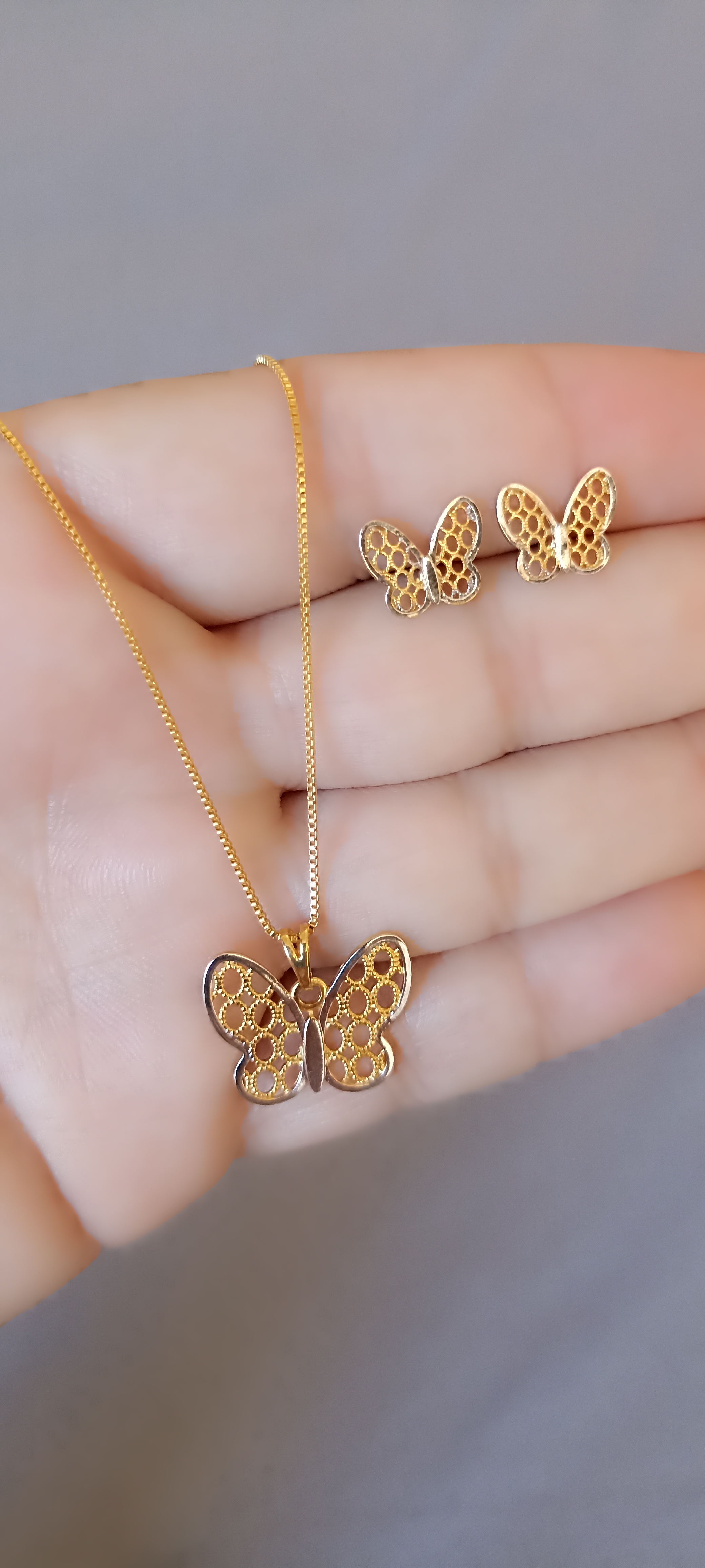 Conjunto Borboleta Vazada Banho Ouro 18K