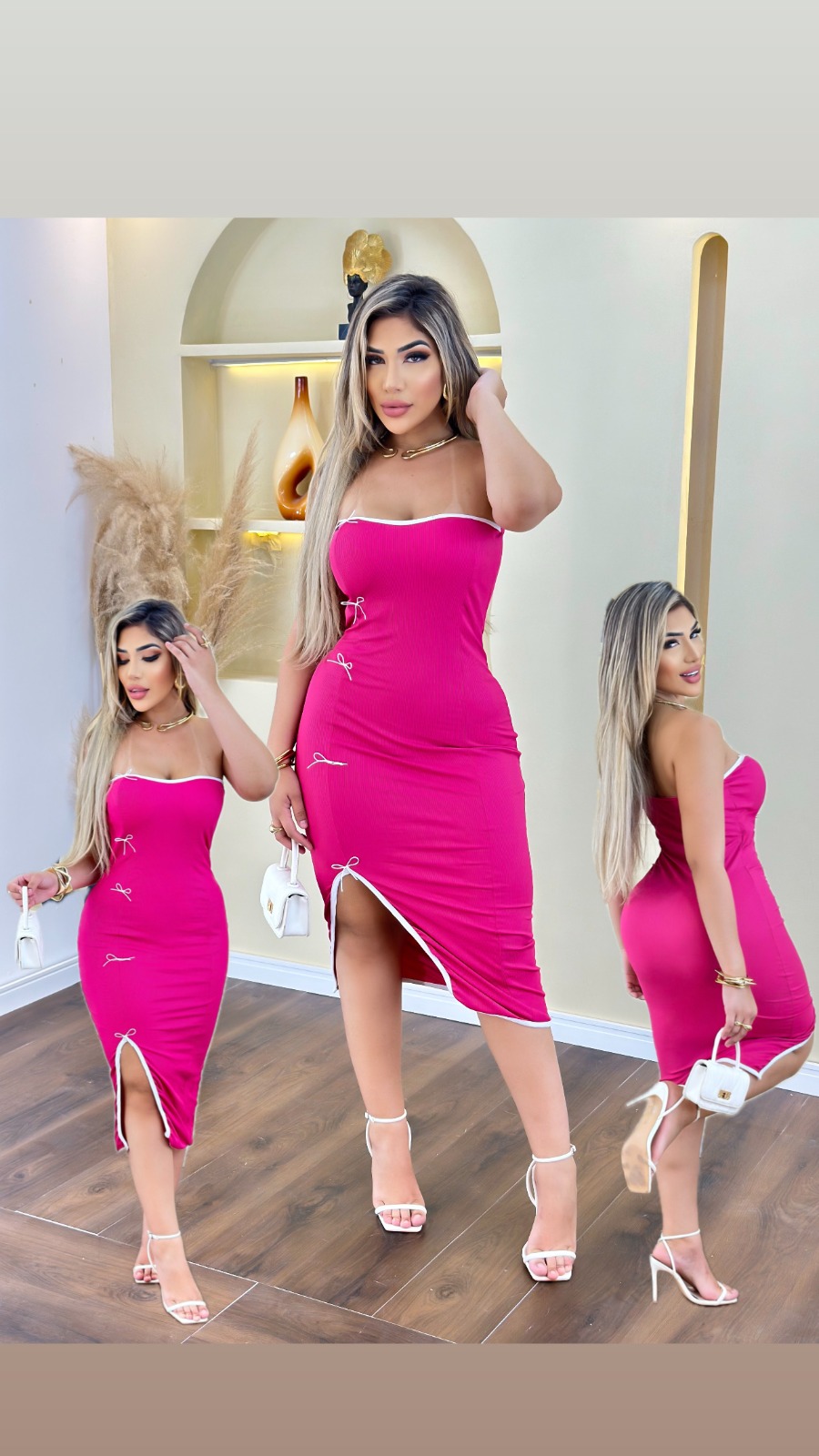 Vestido Com Malha Ribana Modelagem E Acabamento Premium Na Cor Rosa Pink.