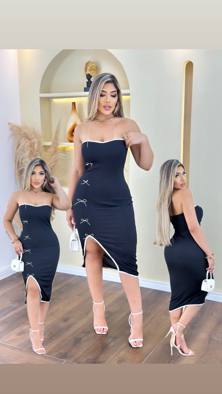 Vestido Com Malha Ribana Modelagem E Acabamento Premium Na Cor Preto.