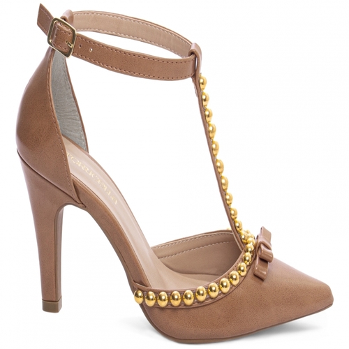 Sapato Scarpin Apliques de Pérola Napa Caramelo