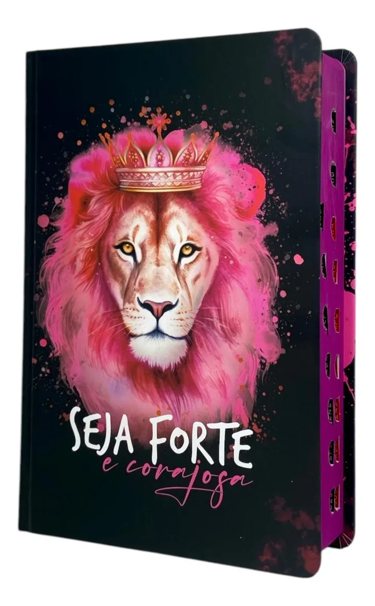 Bíblia Capa Dura Feminina Com Harpa E Índice - Leão Preto Coroa Seja Forte E Corajosa - Jovem Com Letra Gigante grande