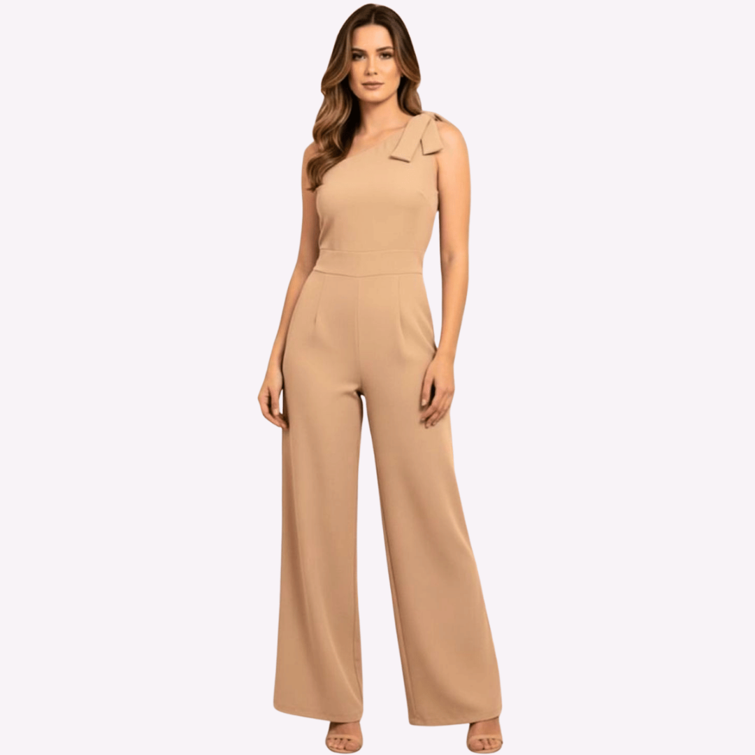 Macacão ombro único com laço, Pantalona com pregas frontais