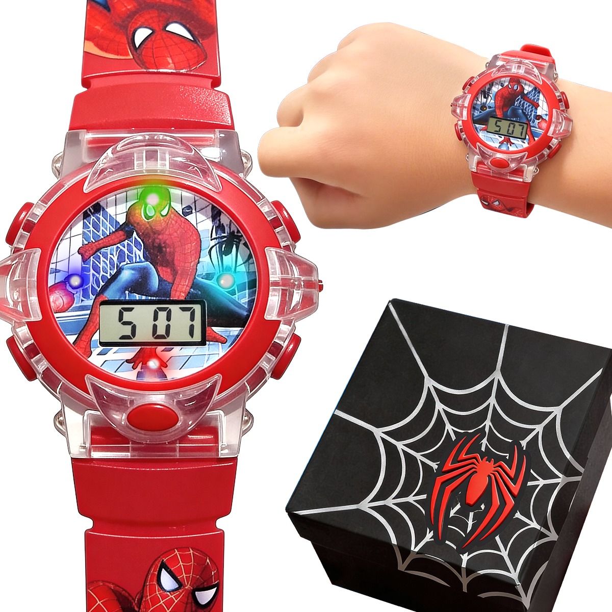 Relógio Infantil Criança Silicone Aranha Digital Led Caixa heroi ajustavel data original vermelho