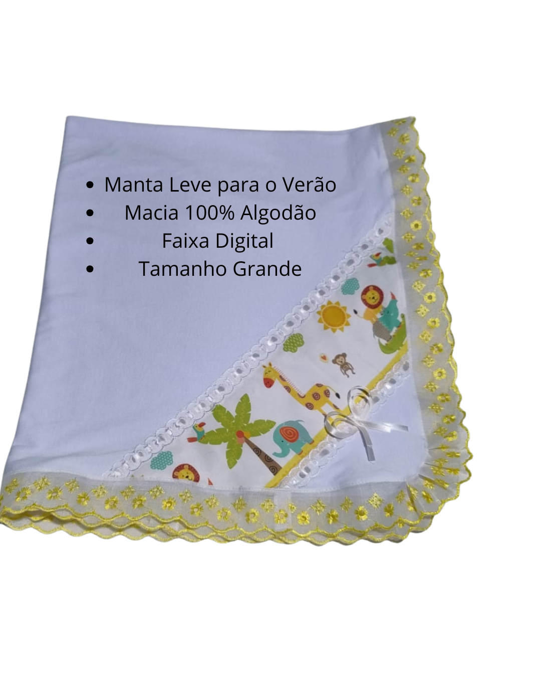 Manta Cueiro Bebê Malha com Bordado Inglês Estampa Digital 80x90cm