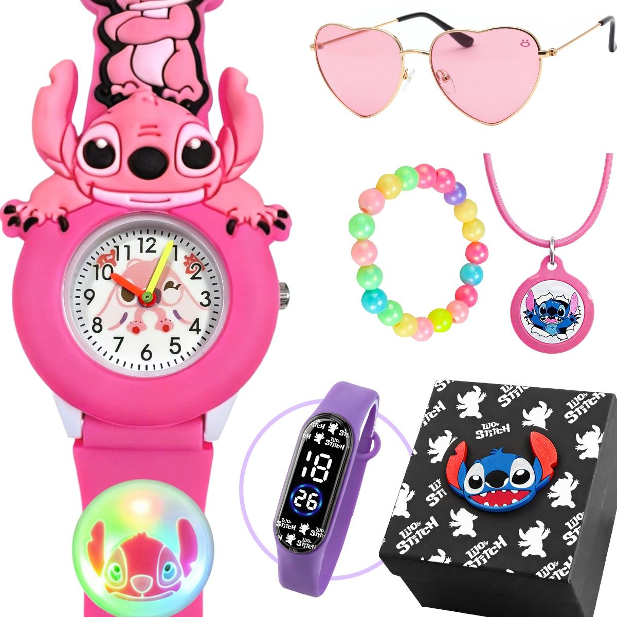Relógio infantil , colar , óculos pulseira caixa roxo lillo colar bracelete silicone stitch
