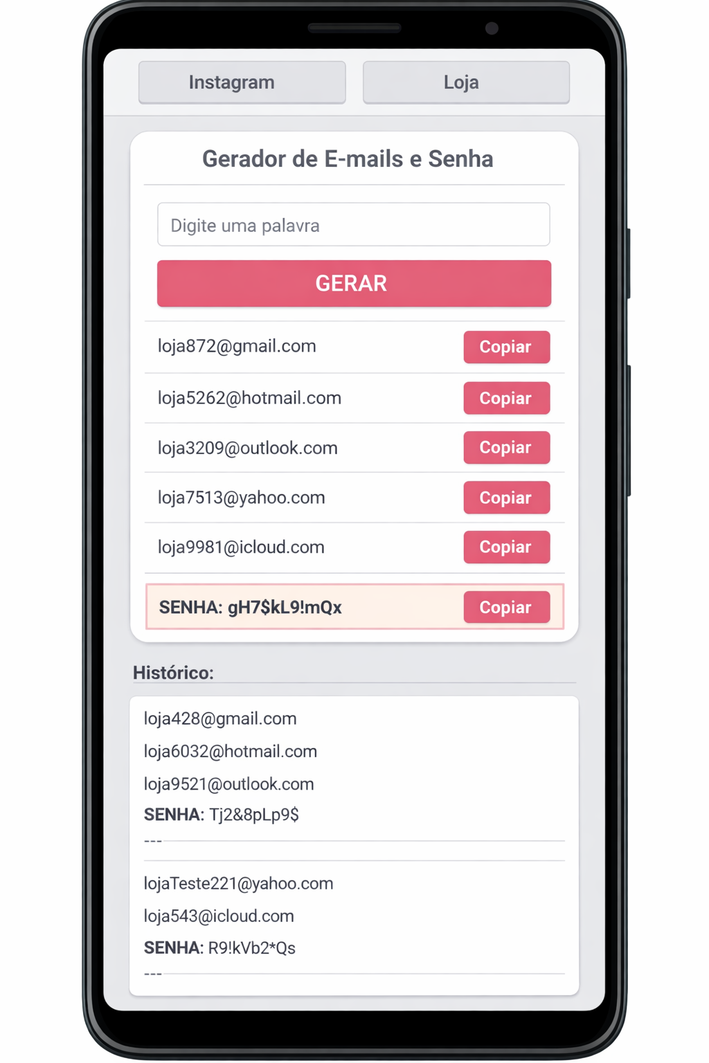 Gerador de E-mails e Senha