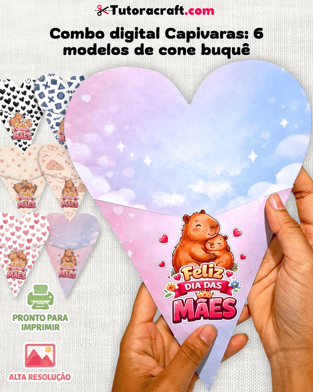 Combo Digital Dia das Mães Capivara: 6 Cones Buques, Tags + Topo de bolo em PDF