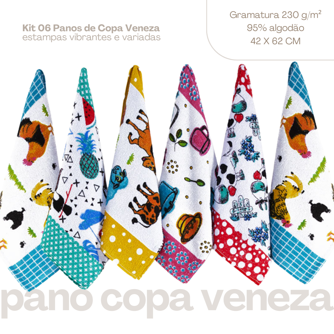 Kit 6 Pçs Pano de Copa Prato para Cozinha Vezena Estampado Sortido