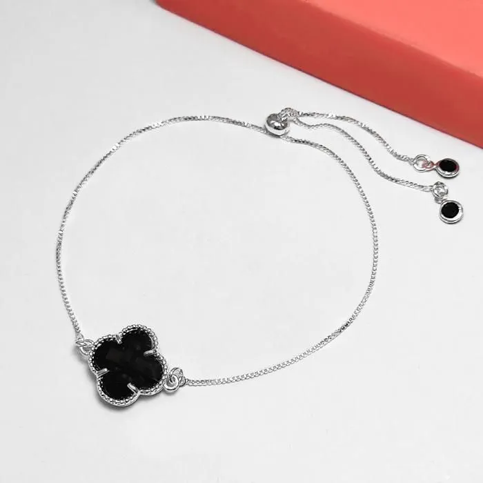 Pulseira prata regulável trevo preto