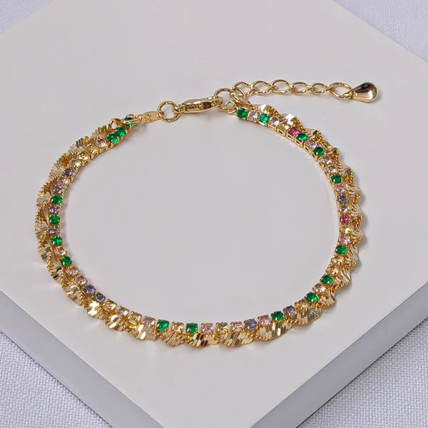 Pulseira dourada dupla riviera colors e malha singapura