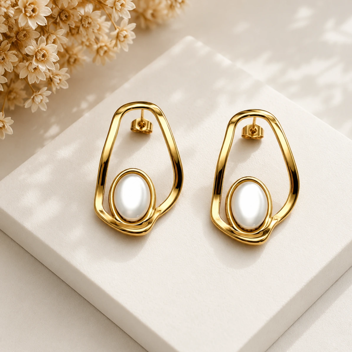 Brinco aço dourado orgânico com pedra olho de gato