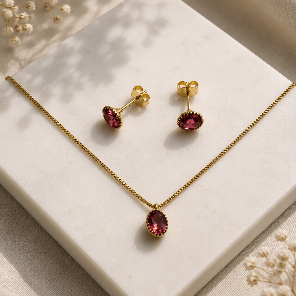 Conjunto dourado cristal rosa