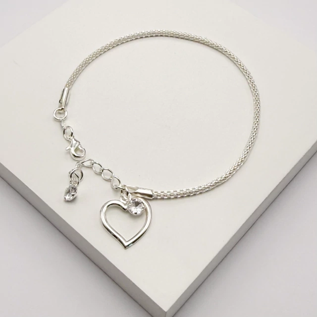 Pulseira prata coração vazado cristal