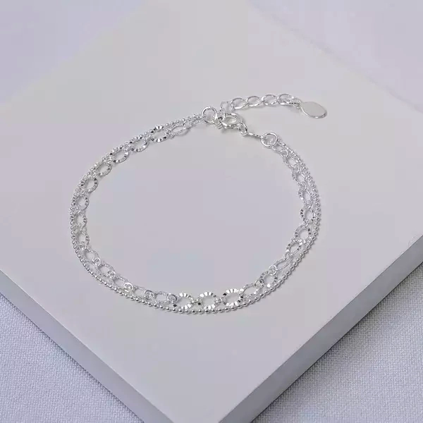 Pulseira prata dupla bolinhas e elos diamantados