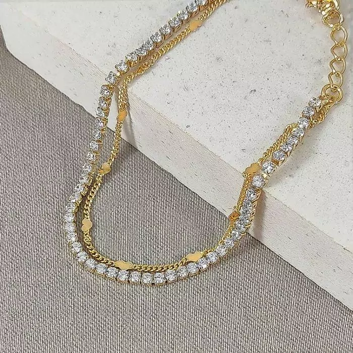 Pulseira dourada dupla coração e riviera