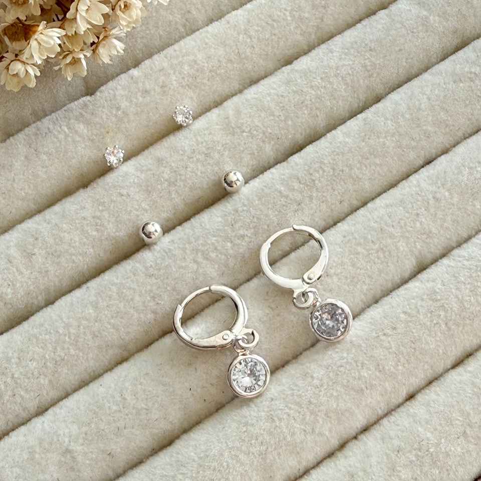 Trio de brinco prata ponto de luz, esfera e argola com ponto de luz