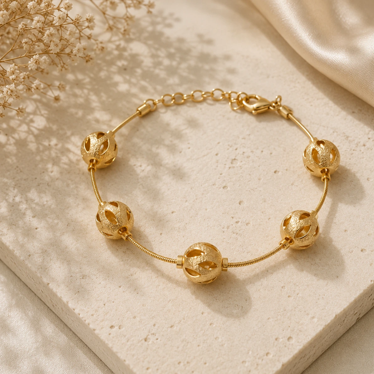 Pulseira dourada esferas diamantadas