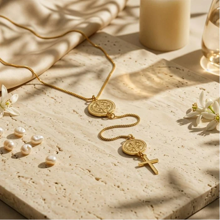 Colar dourado São Bento com cruz