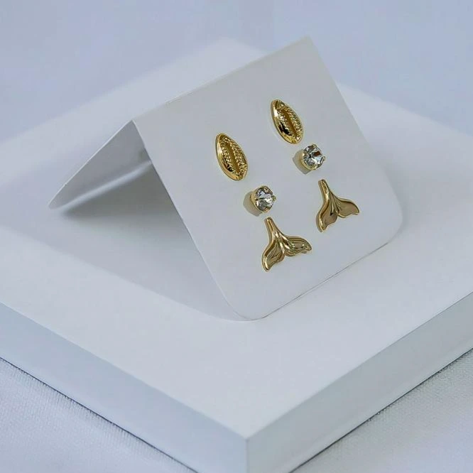 Trio de brinco dourado ponto de luz, concha e cauda de sereia