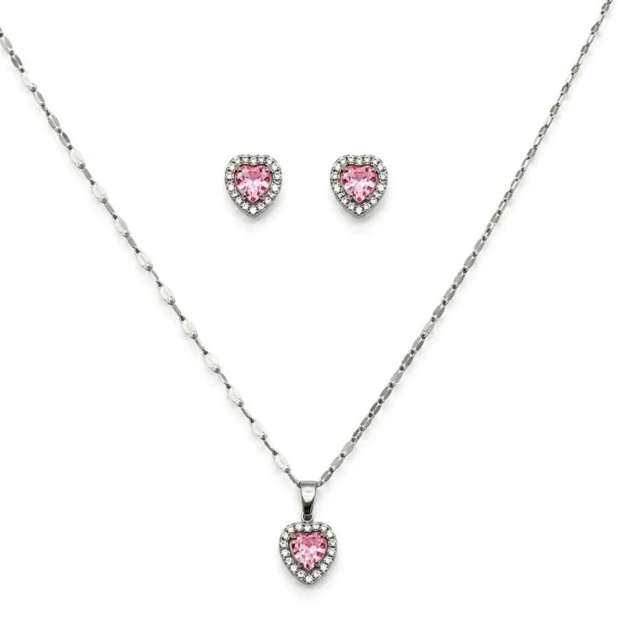 Conjunto aço coração cravejado rosa
