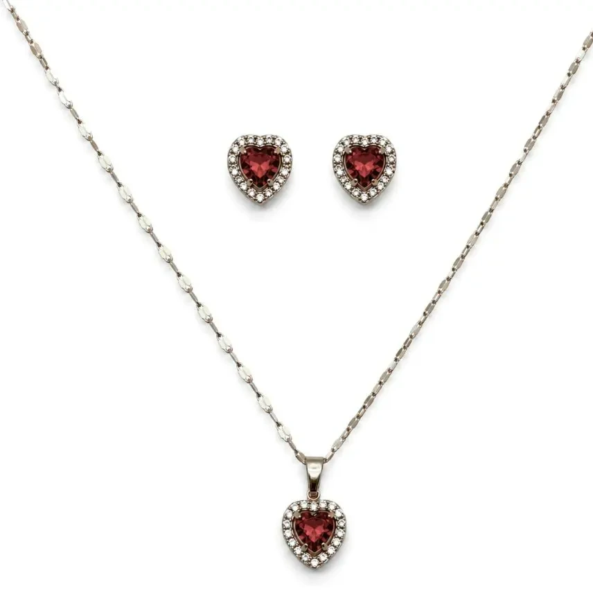 Conjunto aço coração cravejado vermelho