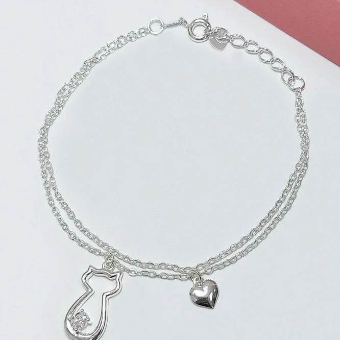 Pulseira prata dupla coração e gatinho