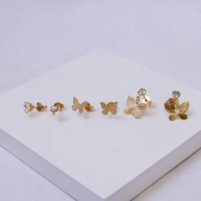 Trio de brinco dourado coração, e borboletas