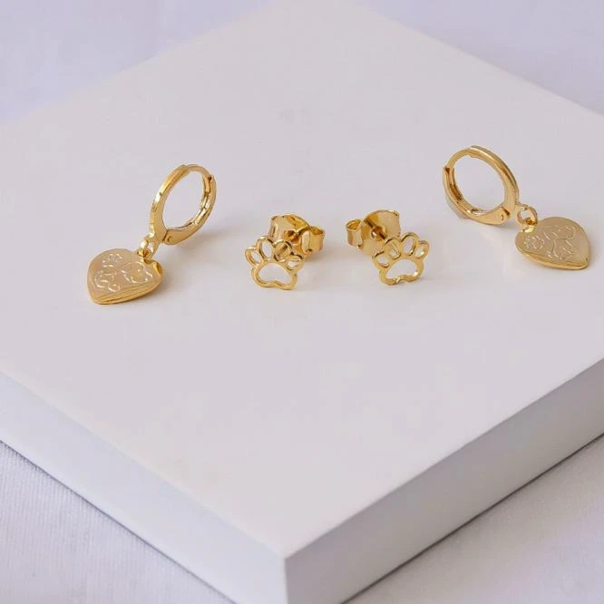 Dupla de brinco dourado patinha e argola com cachorrinho
