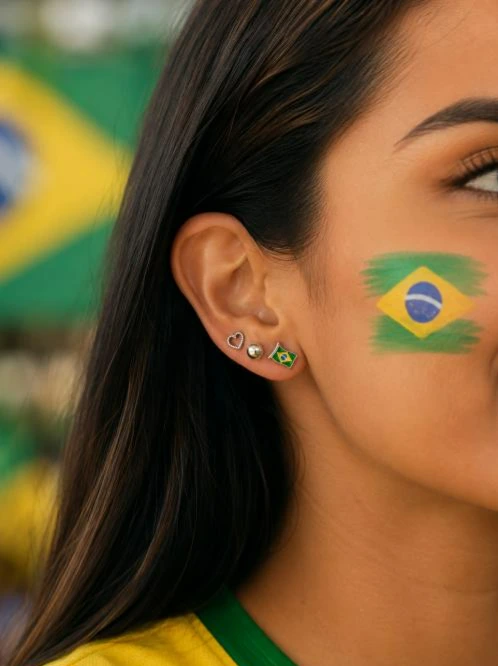 Trio de brinco prata esfera, coração e bandeira do Brasil