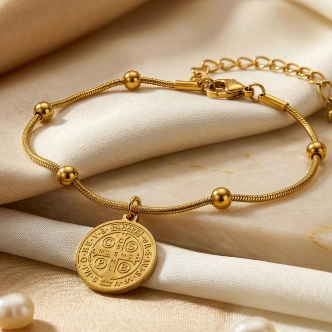 Pulseira aço dourado São Bento