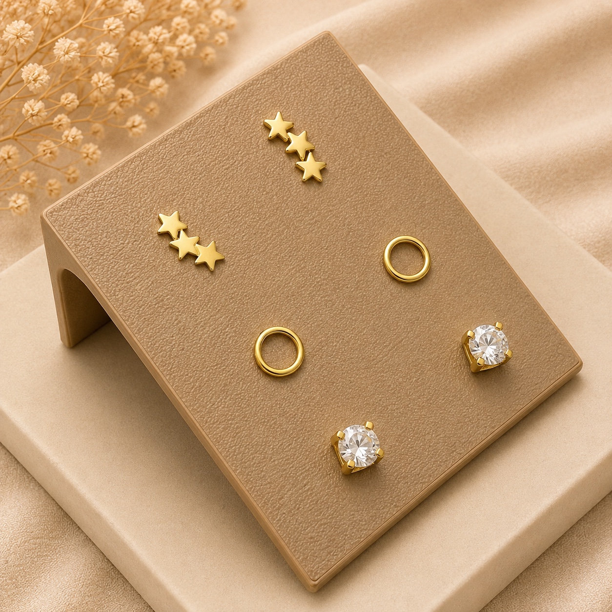 Trio de brinco dourado ear cuff de estrelas, círculo vazado e zircônia quadrada