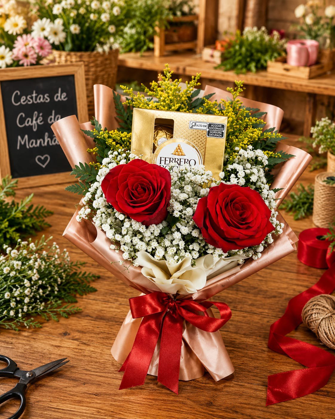 Kit Duas Rosas e Ferrero Rocher