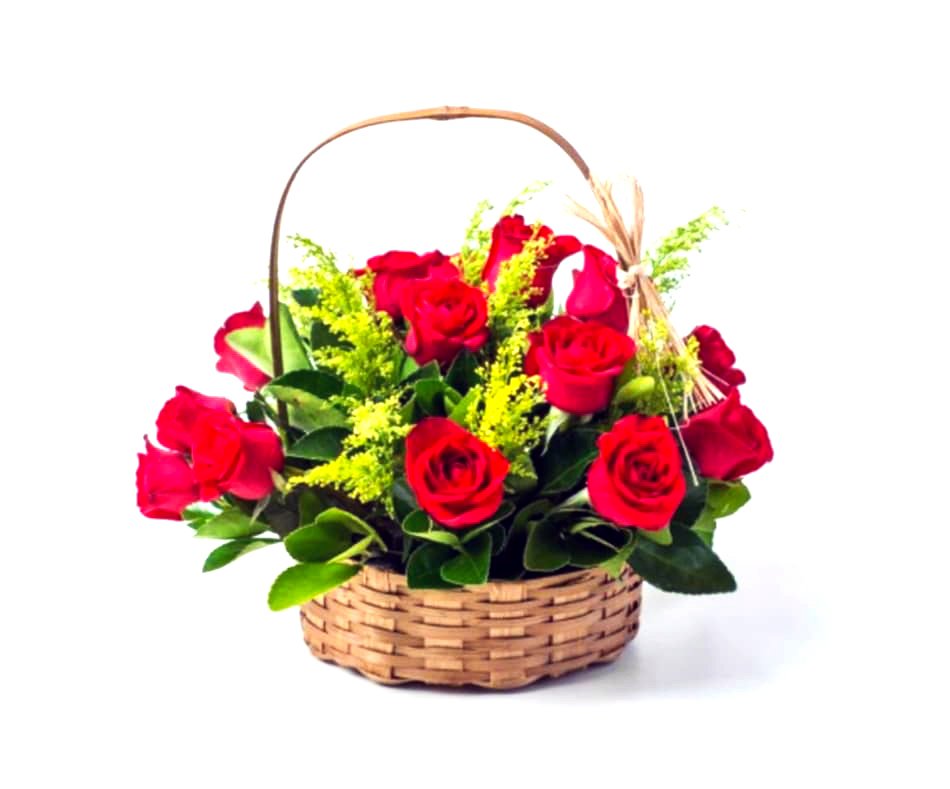 CESTA COM 12 ROSAS VERMELHAS PEQUENA