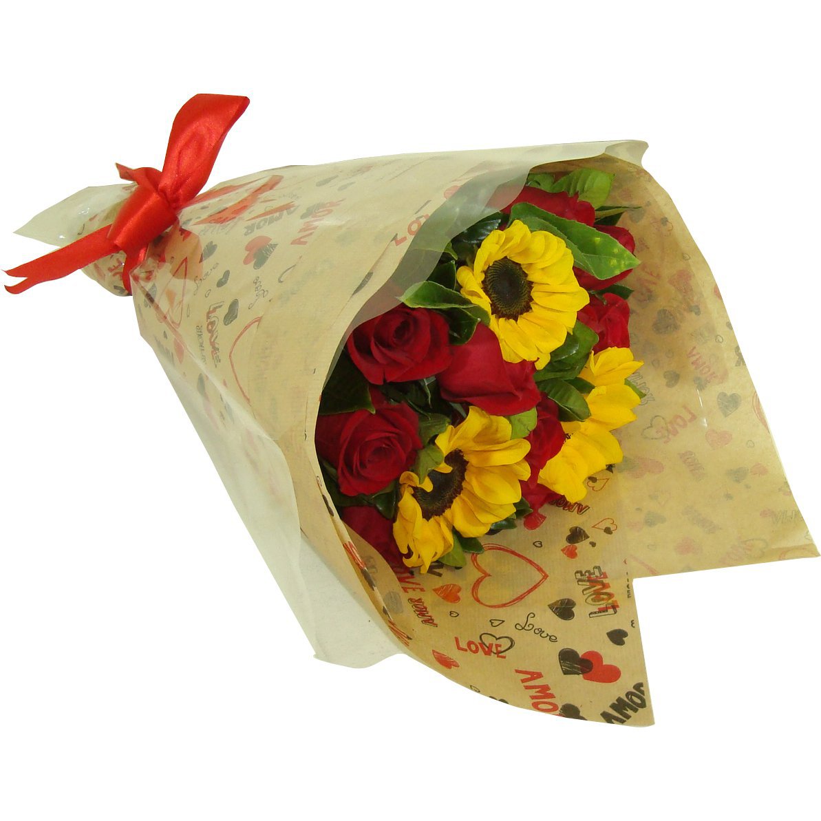 Buquê de Rosas Vermelhas e Girassóis
