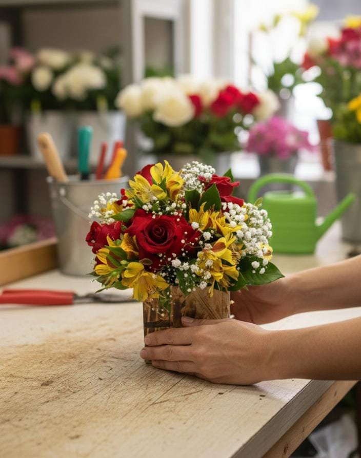 Arranjo de Rosas Vermelhas com Astromélias Amarelas