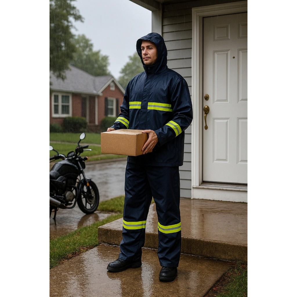 Capa de Chuva Impermeável com Capuz Conjunto Jaqueta + Calça Reforçada com Faixas Refletivas