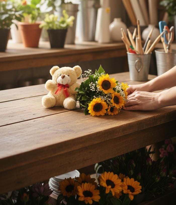 Buquê de Girassol com Urso de Pelúcia – 6 Unidades