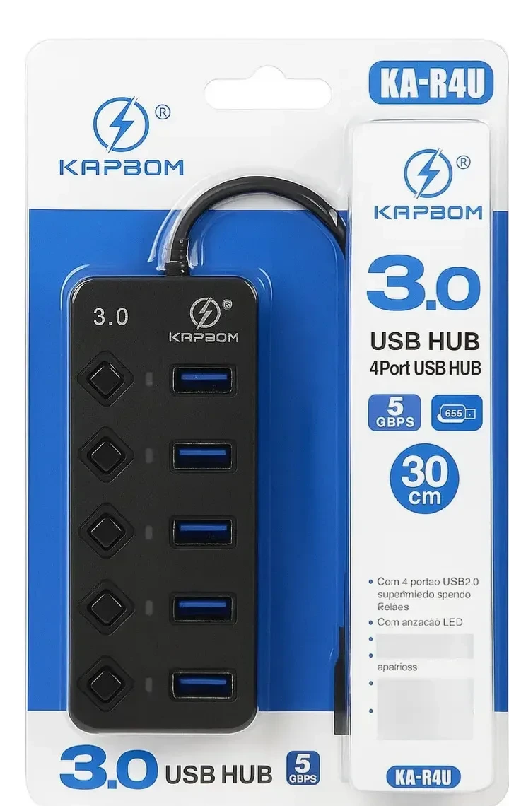 Hub USB 3.0 Kapbom de 4 Portas com Alta Velocidade para PC e Notebook Preto