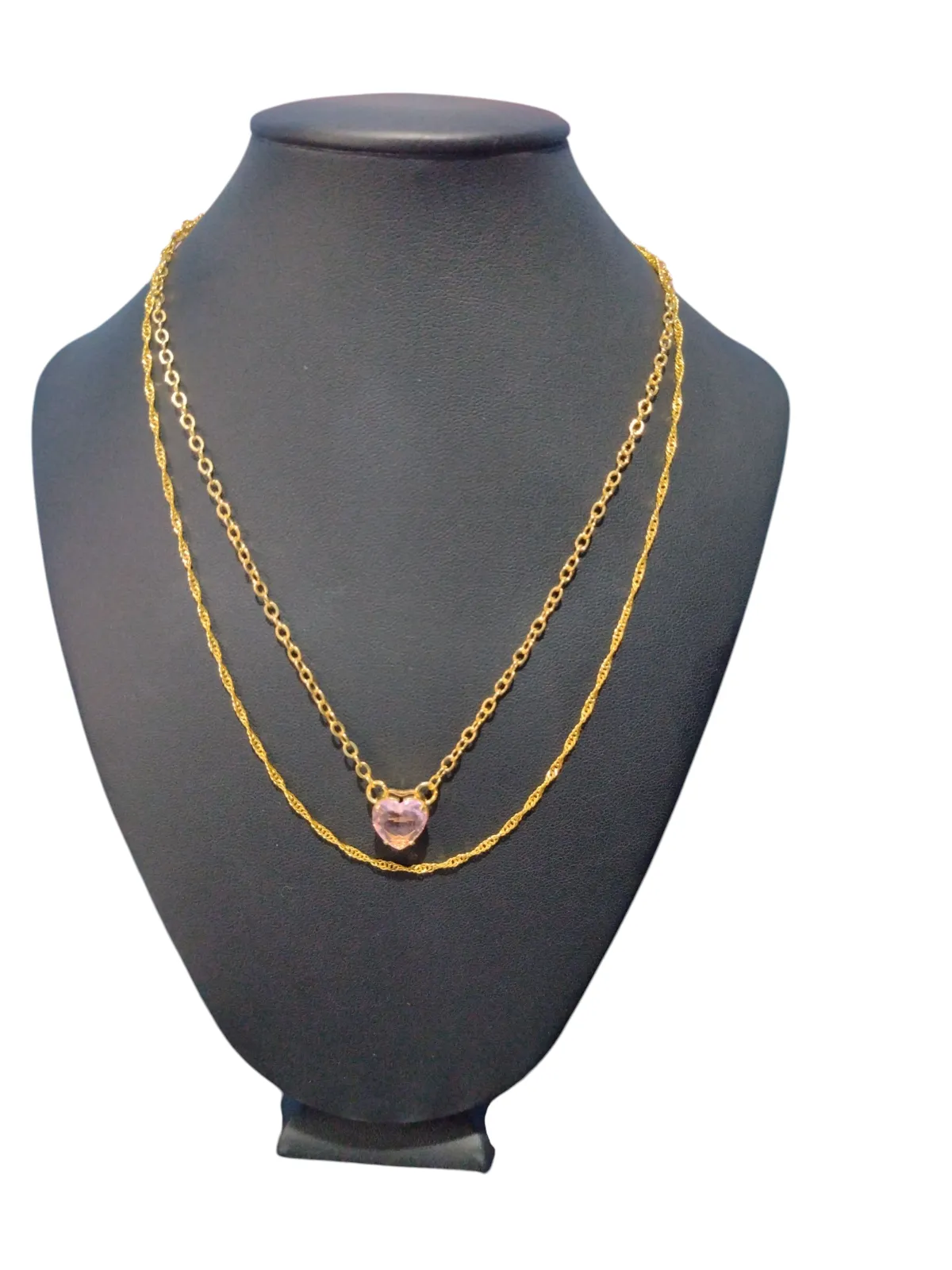 Colar Duplo Coração Zircônia Rosa (Folheado)