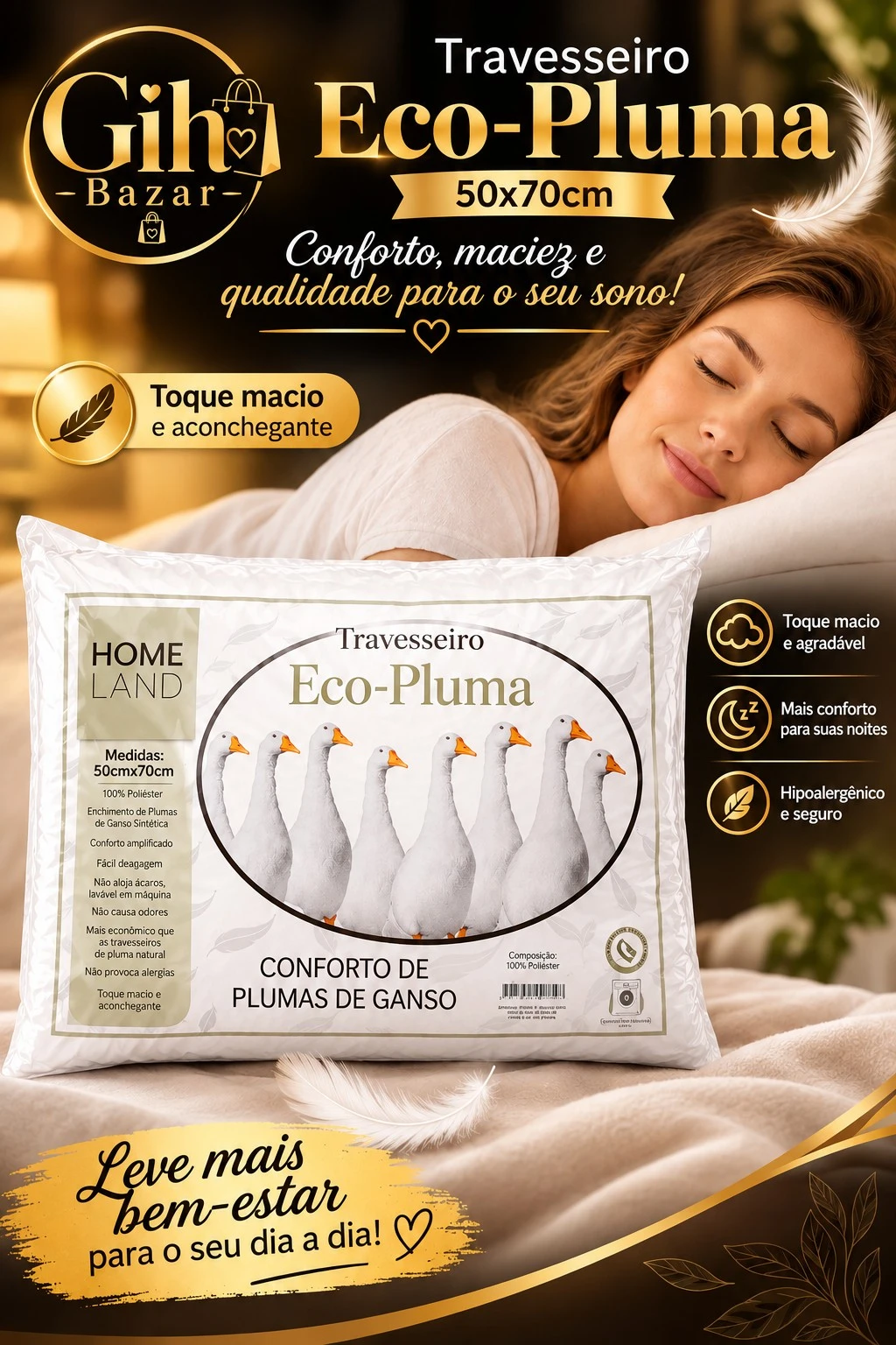 Travesseiro Eco Pluma Home Land 50x70