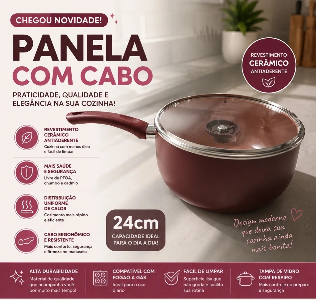 Panela com Cabo Antiaderente com Revestimento Cerâmico 24cm