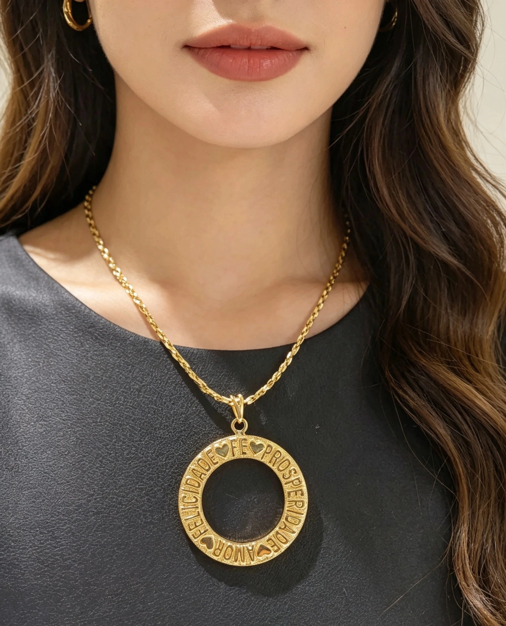 Pingente Medalha Fé, Prosperidade,Amor e Felicidade