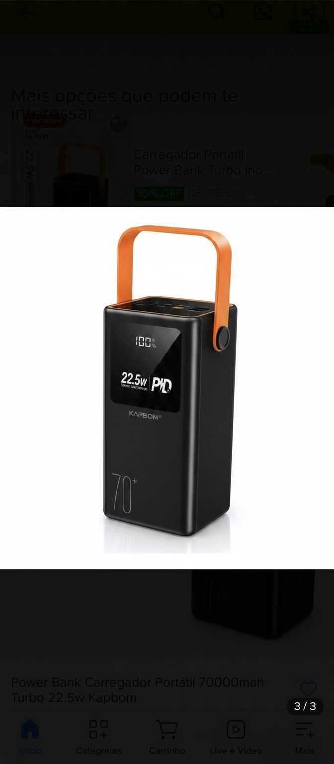 Power Bank Carregador Portátil 70000mah Turbo 22.5w Kapbom
