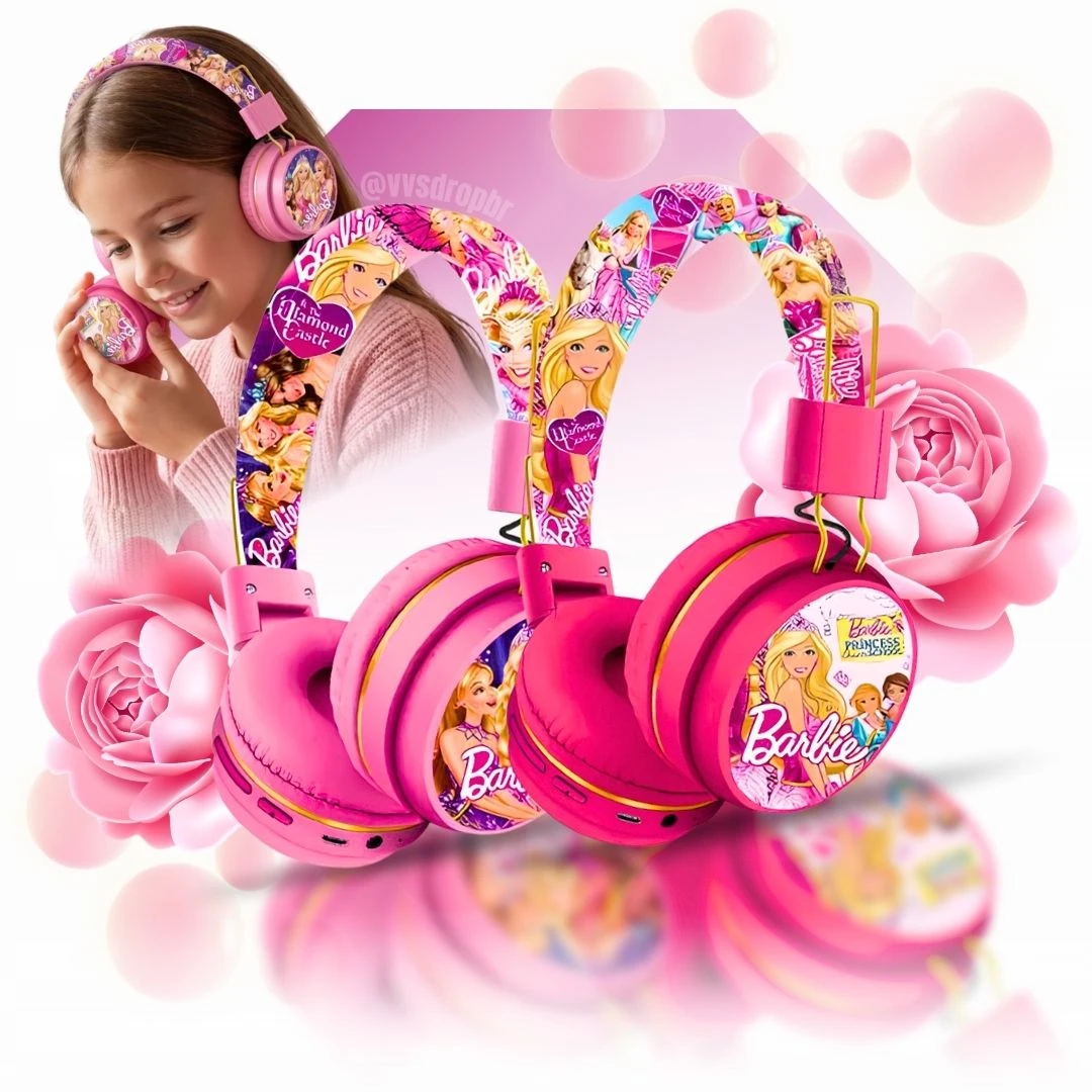 Fone infantil Bluetooth Barbie sem fio, recarregável, som confortável e ideal para crianças a partir de 3 anos.