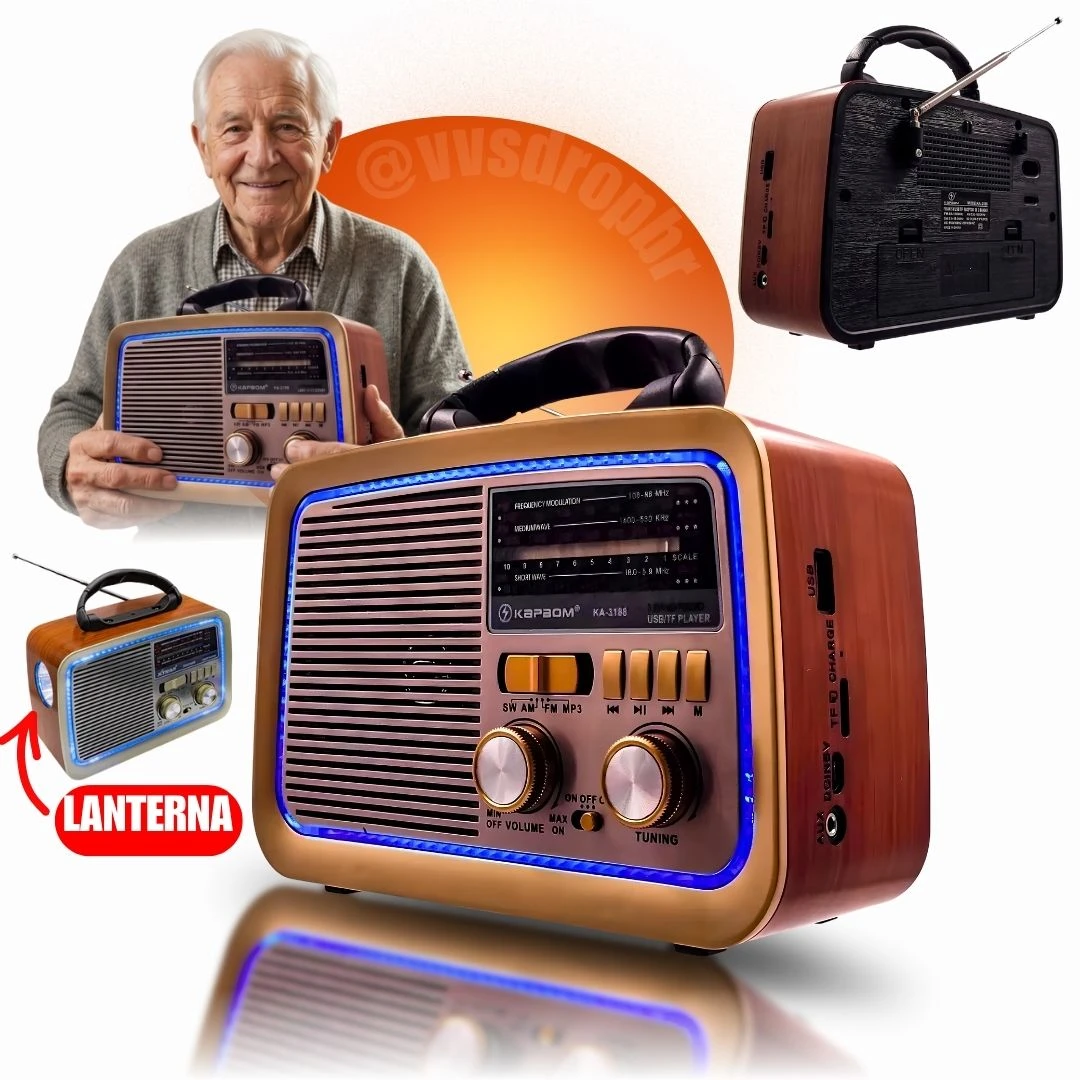 Rádio Retro FM AM Bluetooth USB Bateria Interna Kapbom