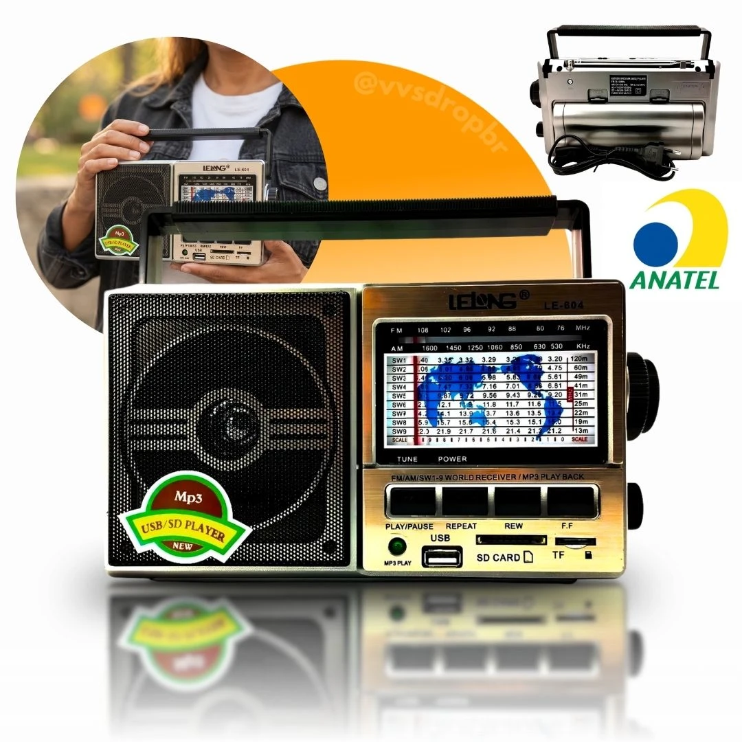 Rádio Retrô Portátil Am/fm/usb/sd Fone Ouvido Le-604 Lelong