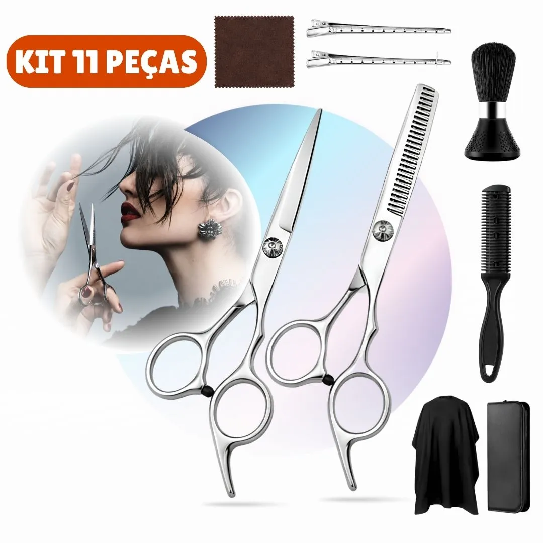 Kit 11 Peças Barbeiro De Barbear Inoxidável Tesoura De Aço