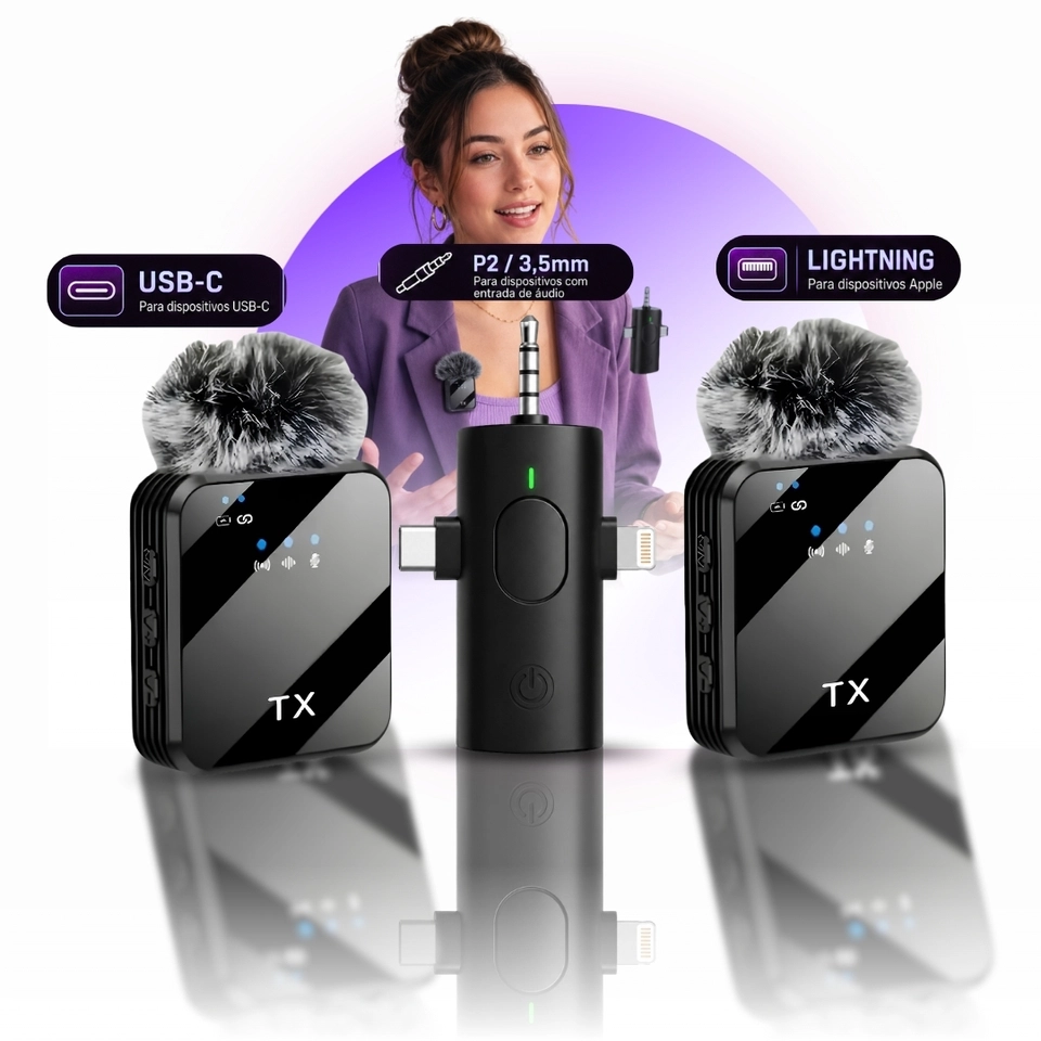 Lapela Sem Fio 3 em 1 P2 Tipo-C Lightning Para iPhone Android Quadrado