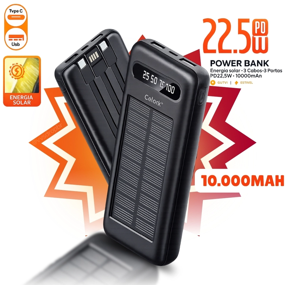 Power Bank Solar Celark 10000mAh 22.5W PD com 3 Cabos Embutidos USB Tipo-C iPhone Micro USB e Display LED