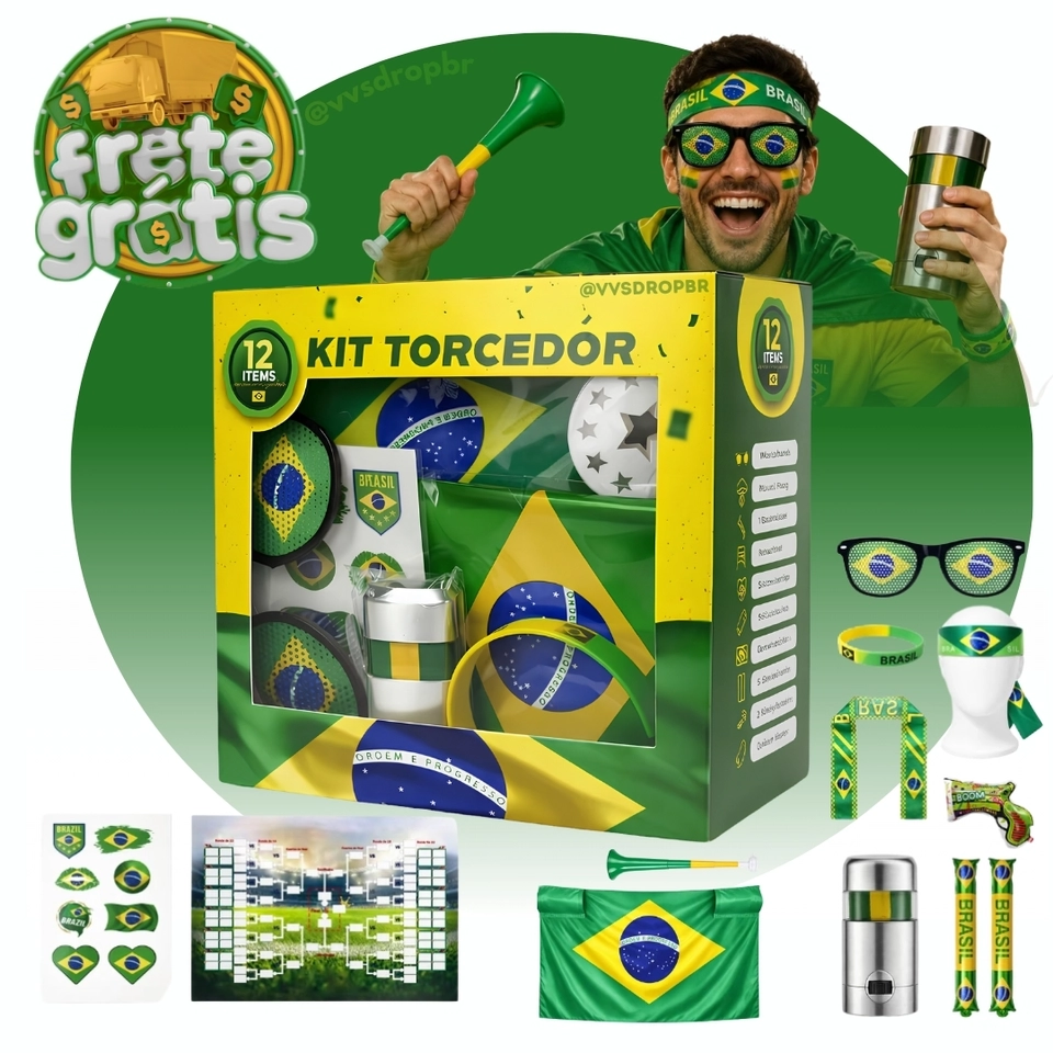 Kit Torcedor 12 Itens Completo Para Copa Do Mundo 2026 Torcida Seleção Brasileira Pulseira Corneta Bandeira Óculos